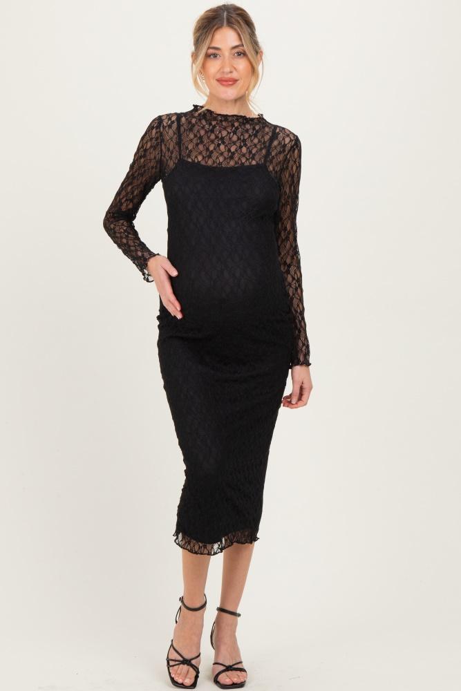 black lace overlay fitted maternity midi dress