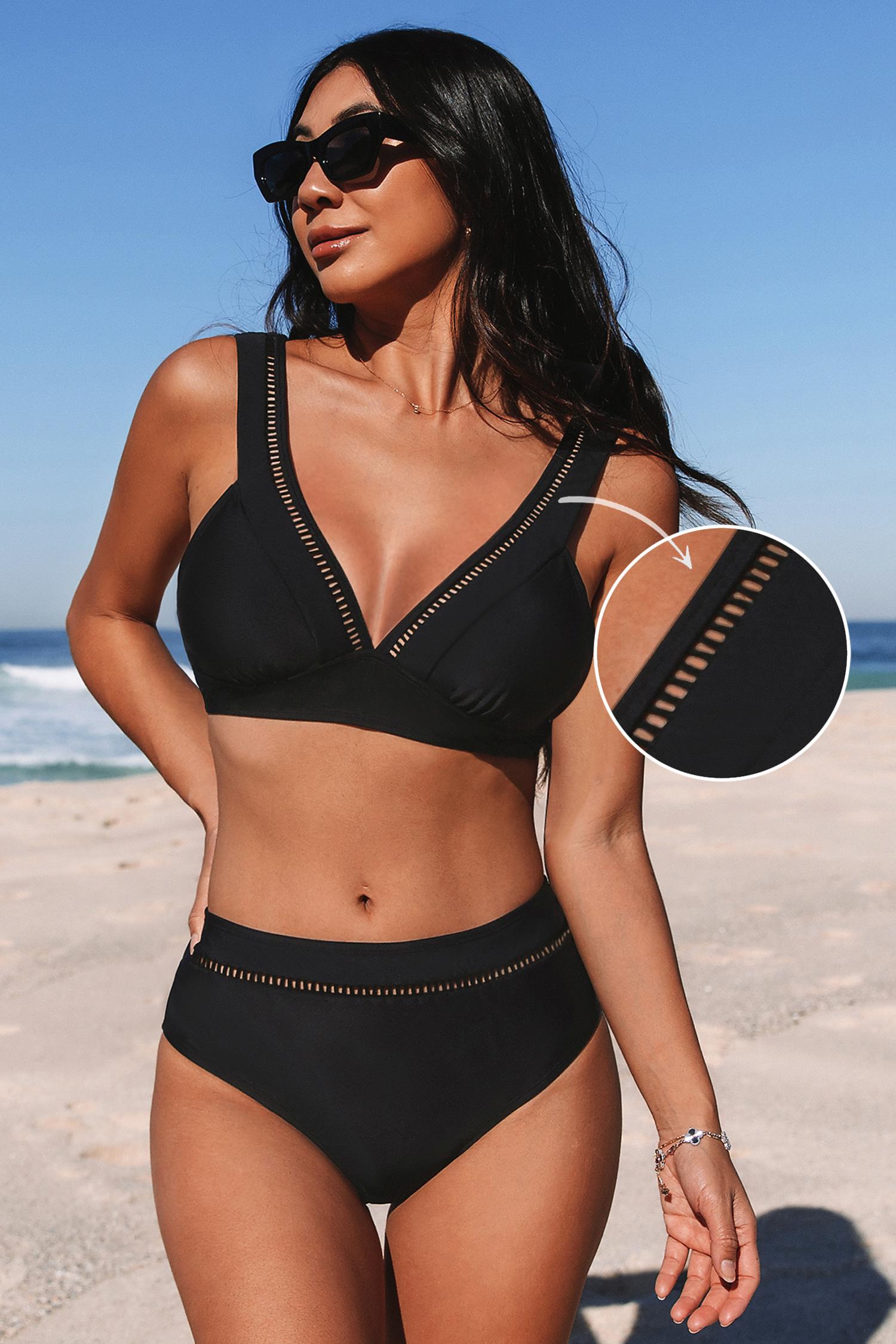 black ladder trim bikini top & standard bottoms set - l