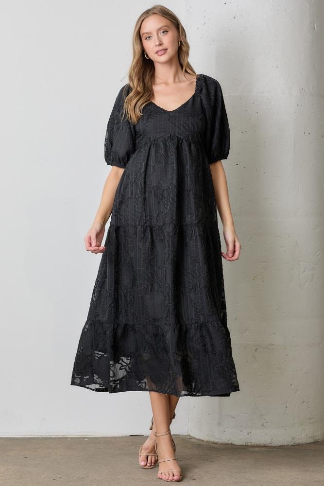 black leaf textured tiered midi dress