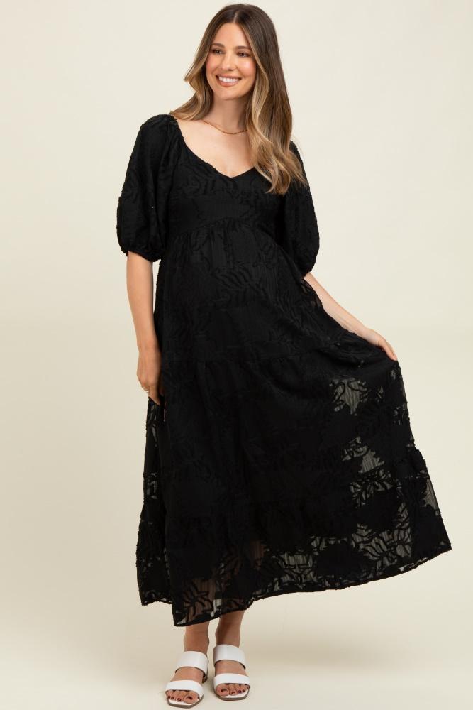 black leaf textured tiered midi maternity dress