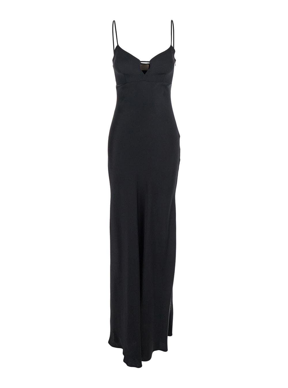 black long dress with thin shoulder straps and metallic logo plaque on the back in tech fabric woman