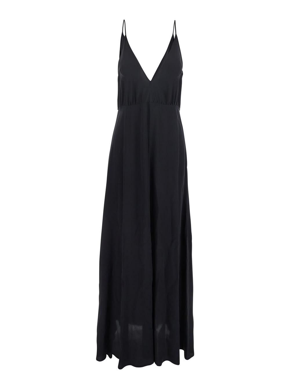 black long dress with v neckline and thin straps in silk woman