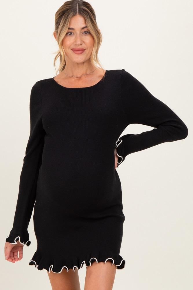 black long sleeve lettuce trim maternity mini dress