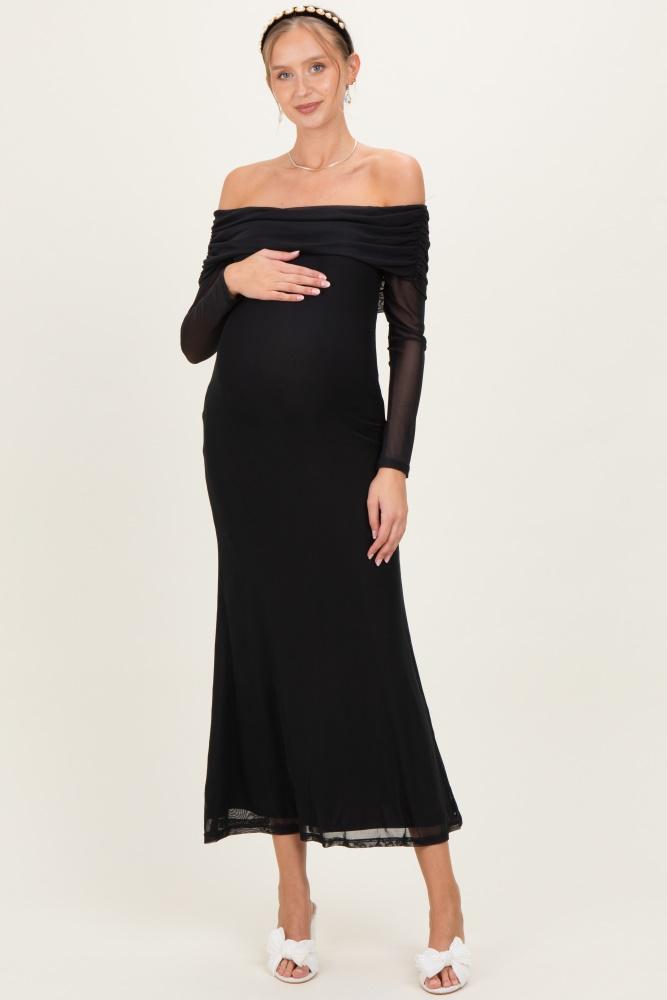 black mesh off shoulder long sleeve maternity maxi dress