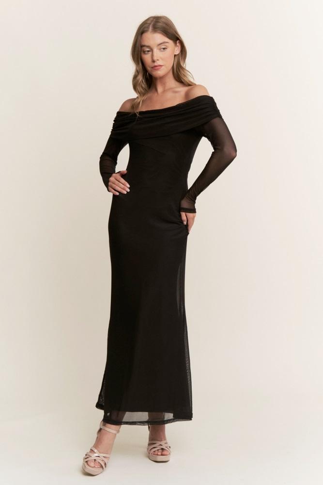 black mesh off shoulder long sleeve maxi dress