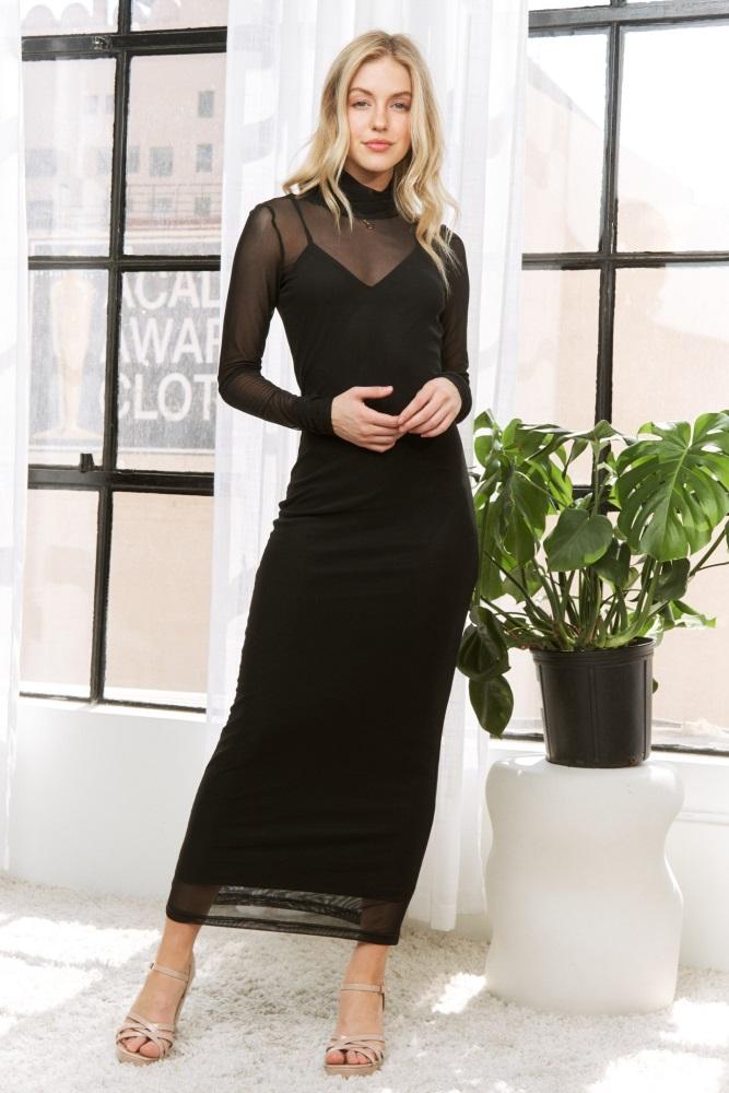 black mesh overlay long sleeve maxi dress