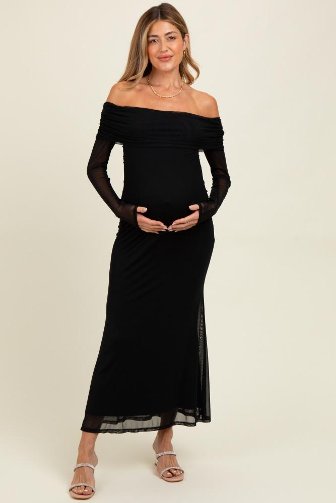 black mesh overlay off shoulder long sleeve maternity midi dress