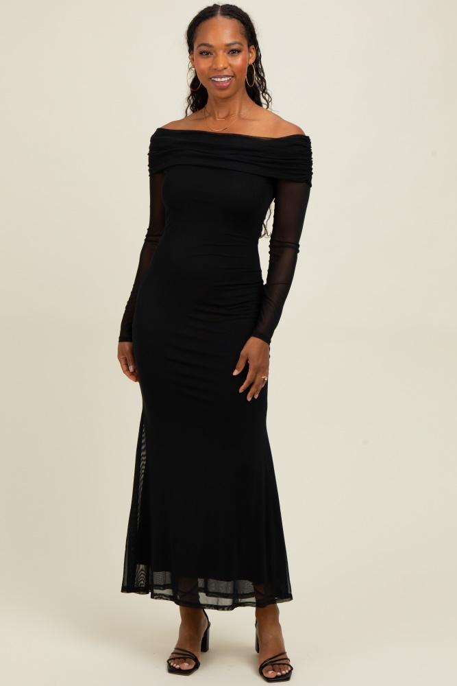 black mesh overlay off shoulder long sleeve midi dress