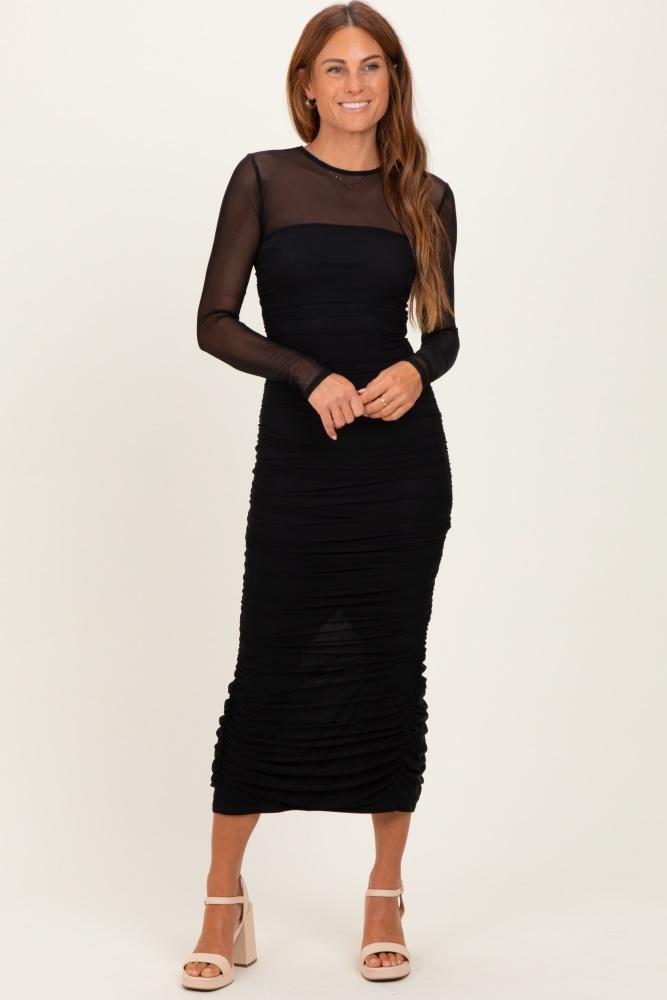black mesh ruched long sleeve midi dress