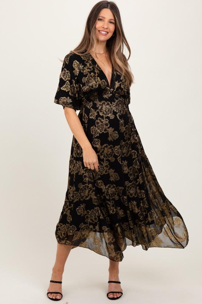 black metallic floral jacquard overlay maternity maxi dress