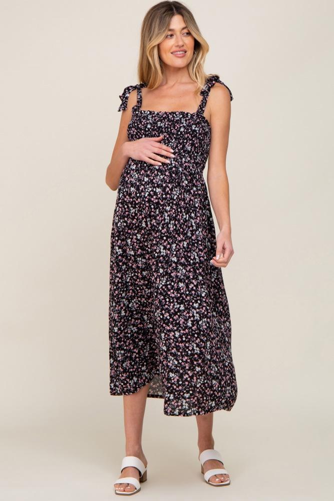 black micro floral smocked maternity dress