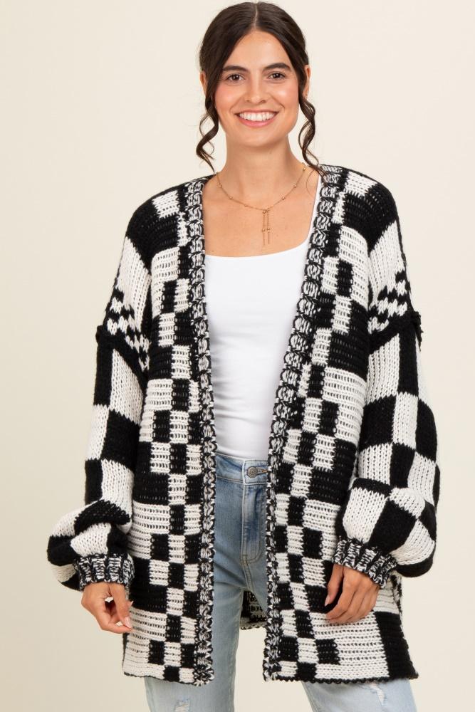 black mixed check pattern chunky cardigan
