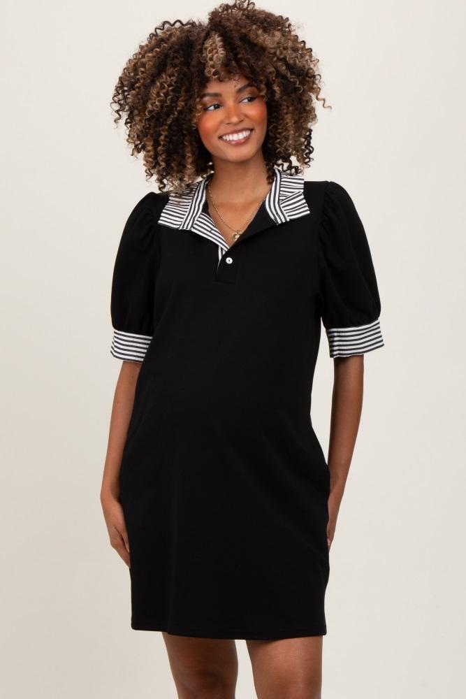 black mock neck contrast striped trim maternity mini dress