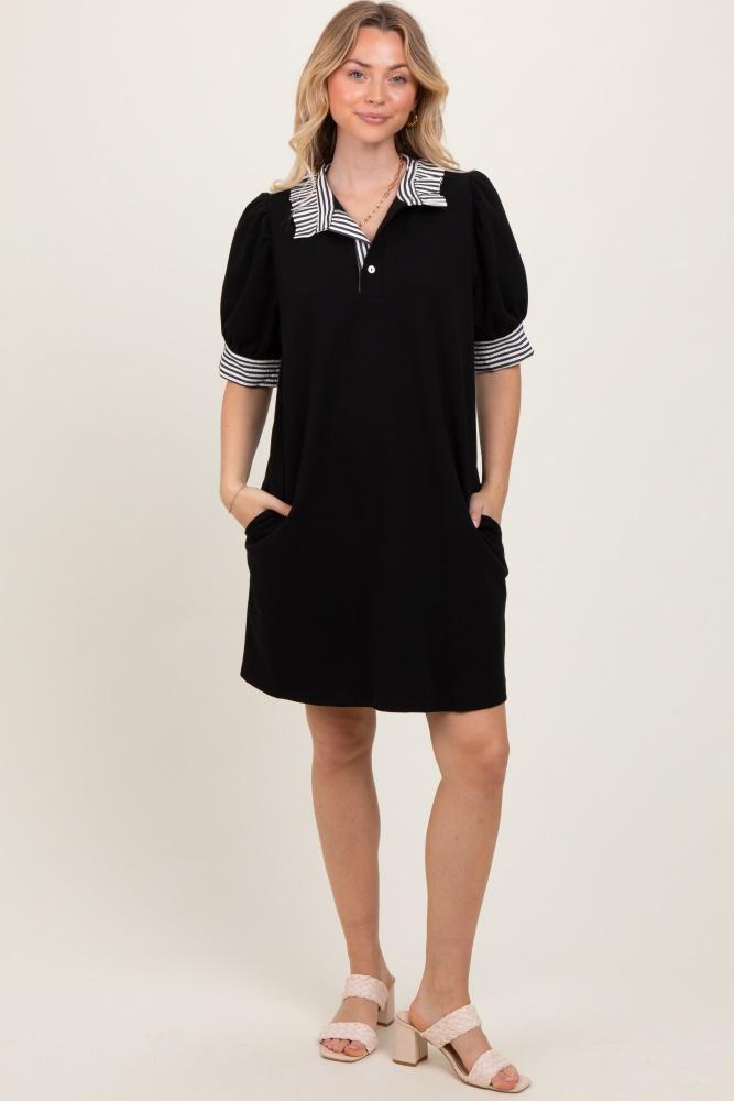 black mock neck contrast striped trim mini dress