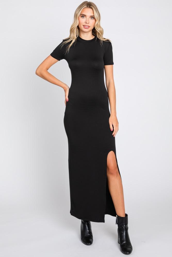 black mock neck front slit short sleeve maxi dress