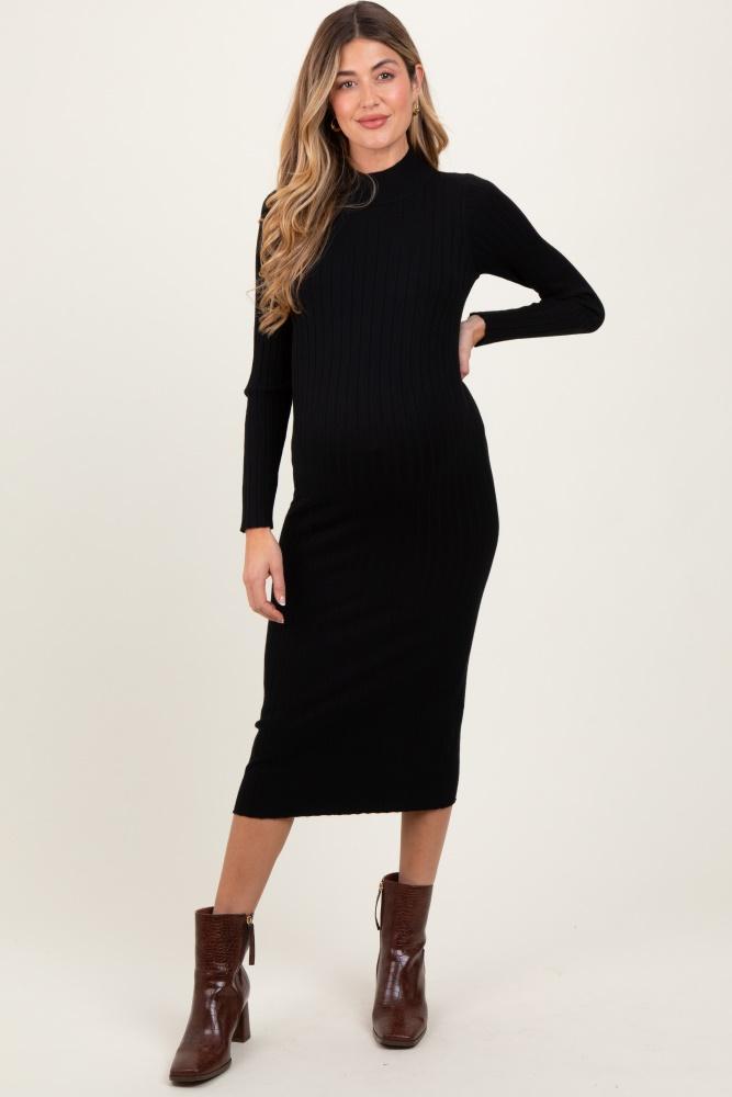 black mock neck ribbed maternity sweater dress