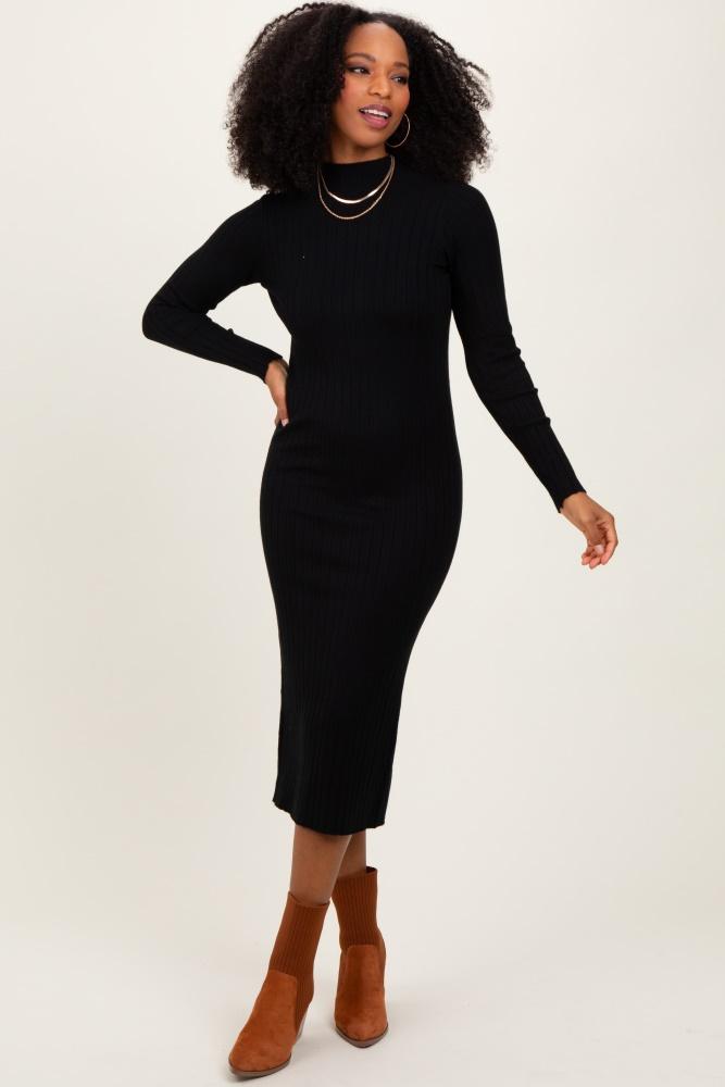 black mock neck ribbed sweater dress
