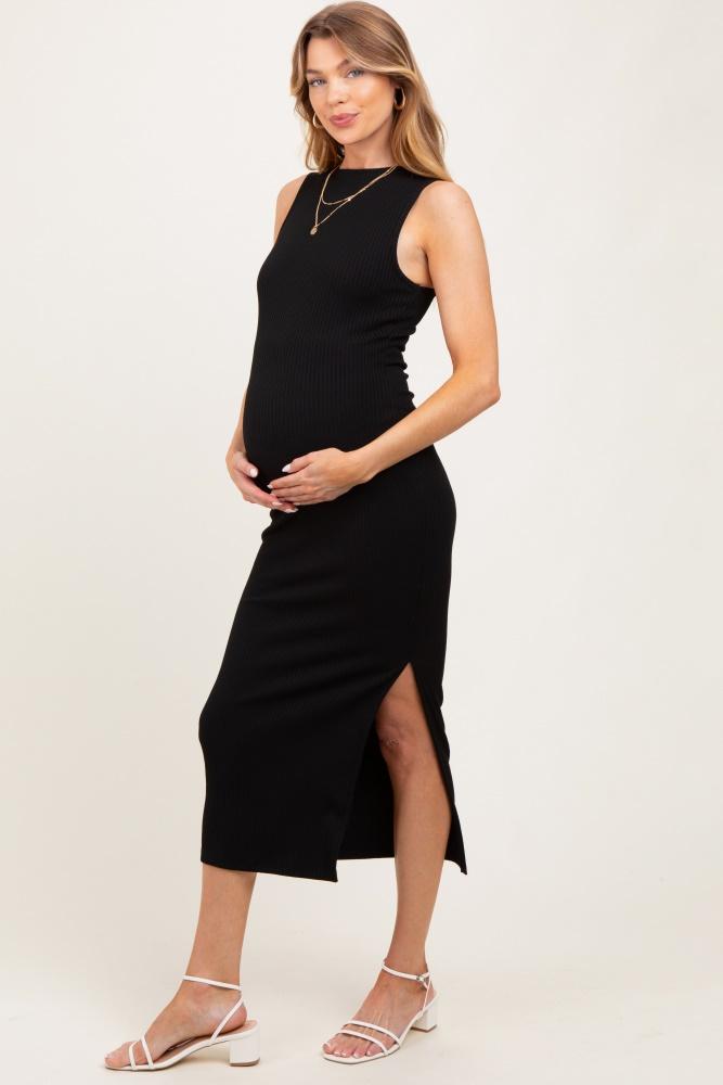 black mock neck side slit maternity midi dress