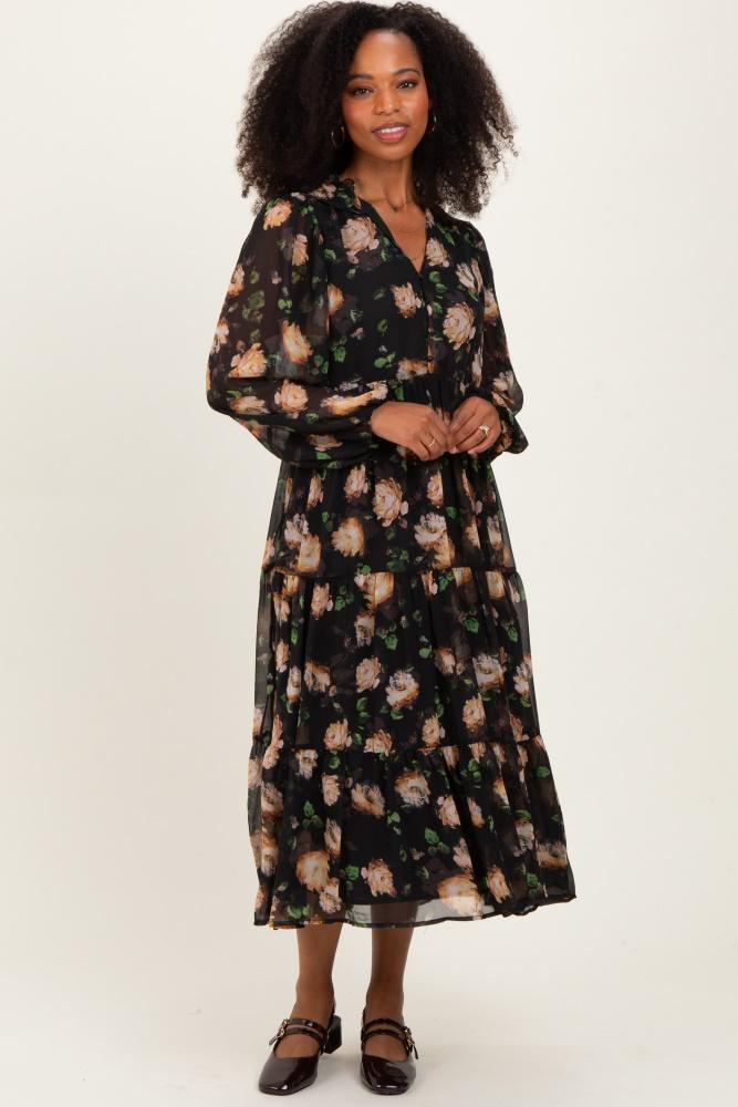 black multi floral tiered button down maxi dress