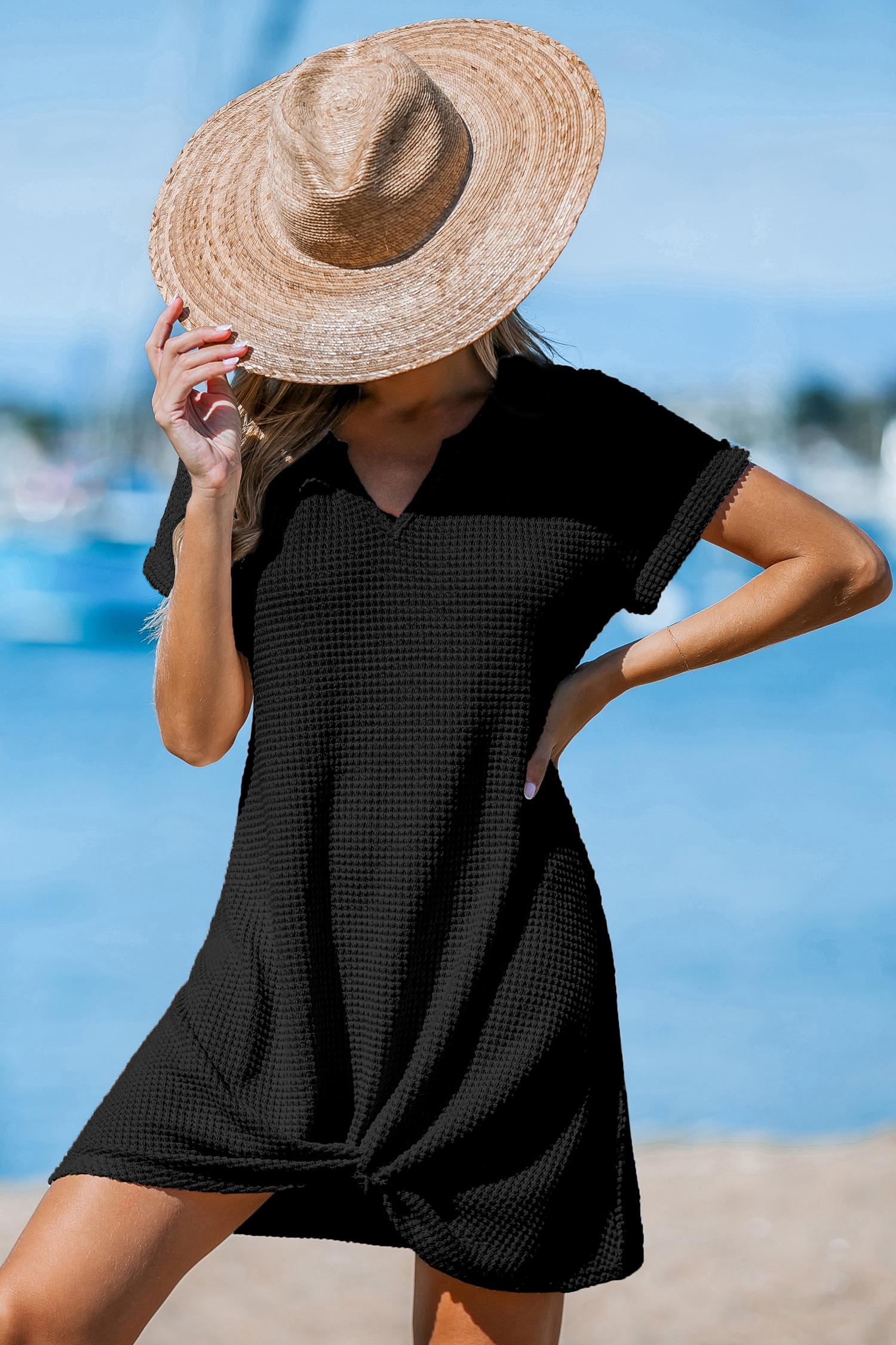 black notched neck knotted cover-up mini dress - l