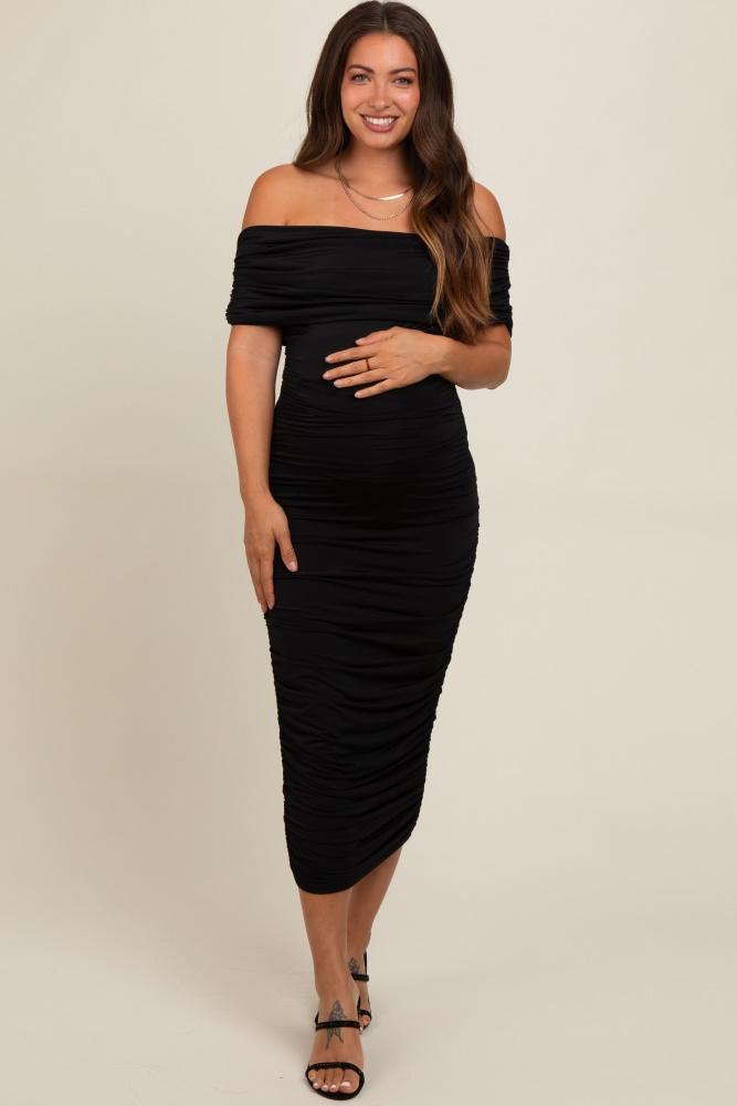 black off shoulder ruched maternity midi dress