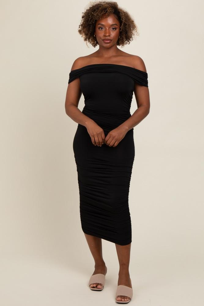 black off shoulder ruched midi dress