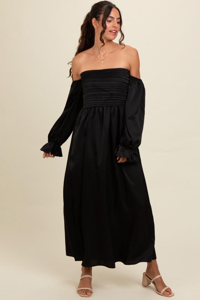 black off shoulder satin pleated bodice maxi dress