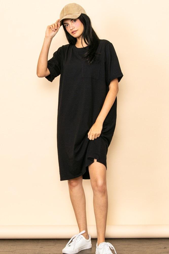 black oversized round neck t-shirt dress