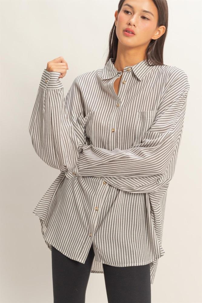 black oversized striped button-up shirt