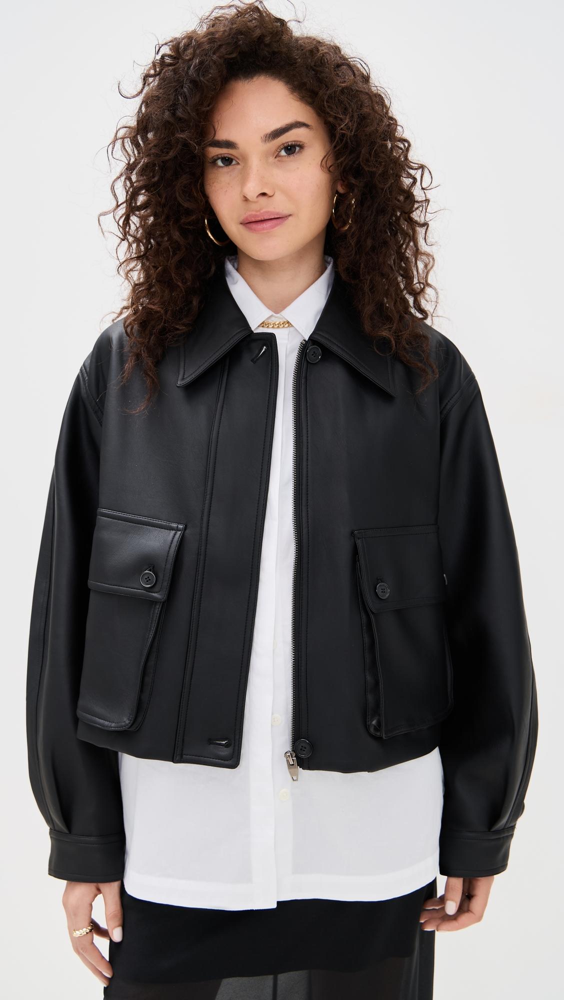 black patch pocket leather jacket