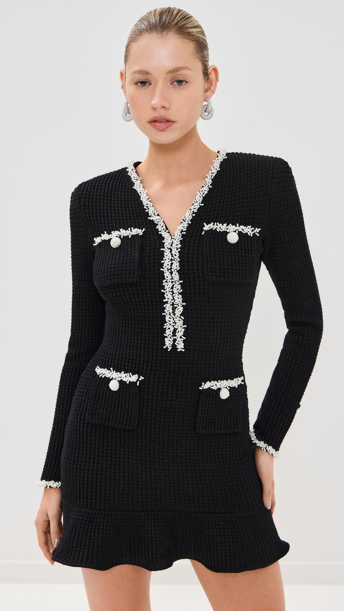 black pearl trim knit mini dress