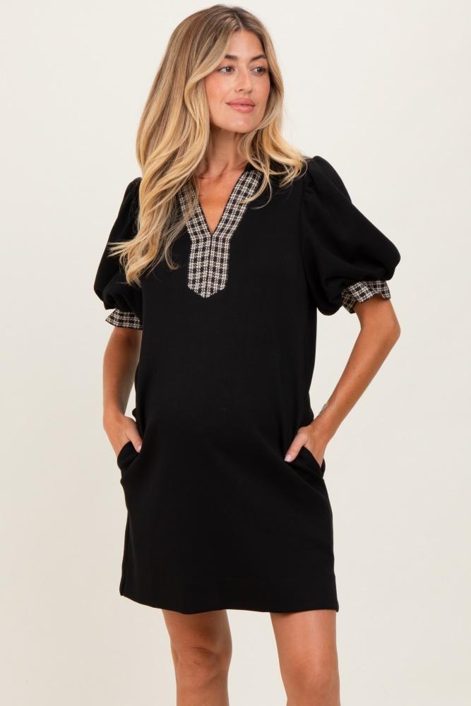 black plaid accent puff sleeve maternity mini dress