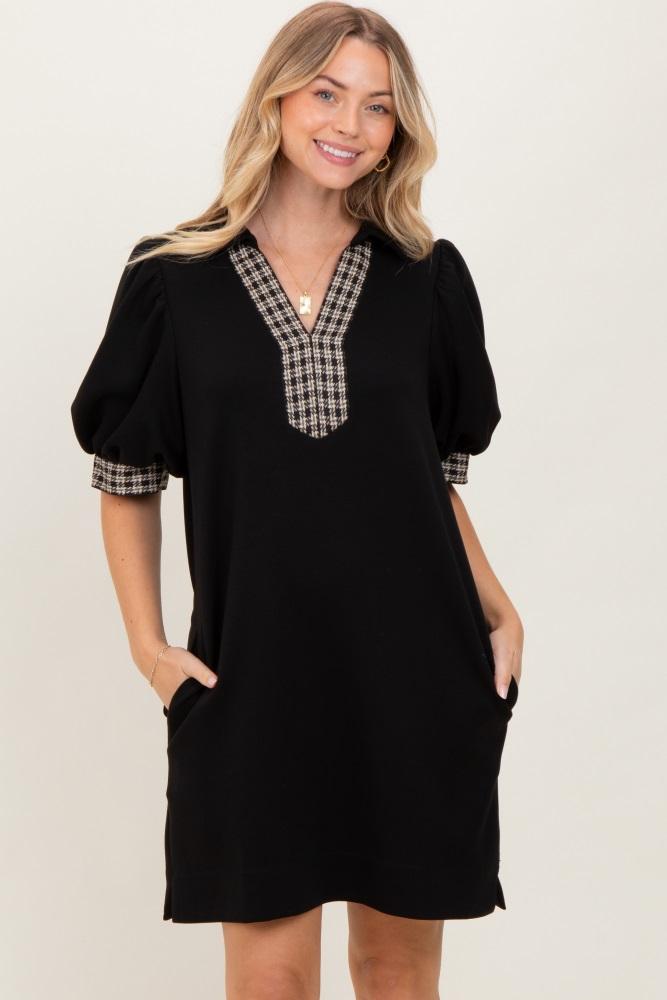 black plaid accent puff sleeve mini dress