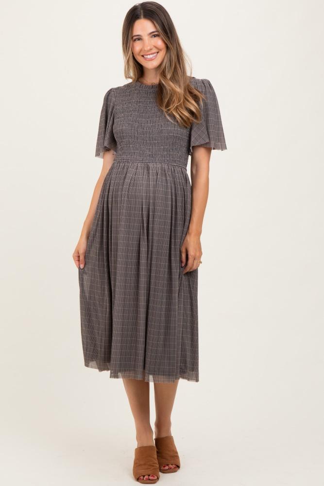 black plaid smocked mesh maternity midi dress