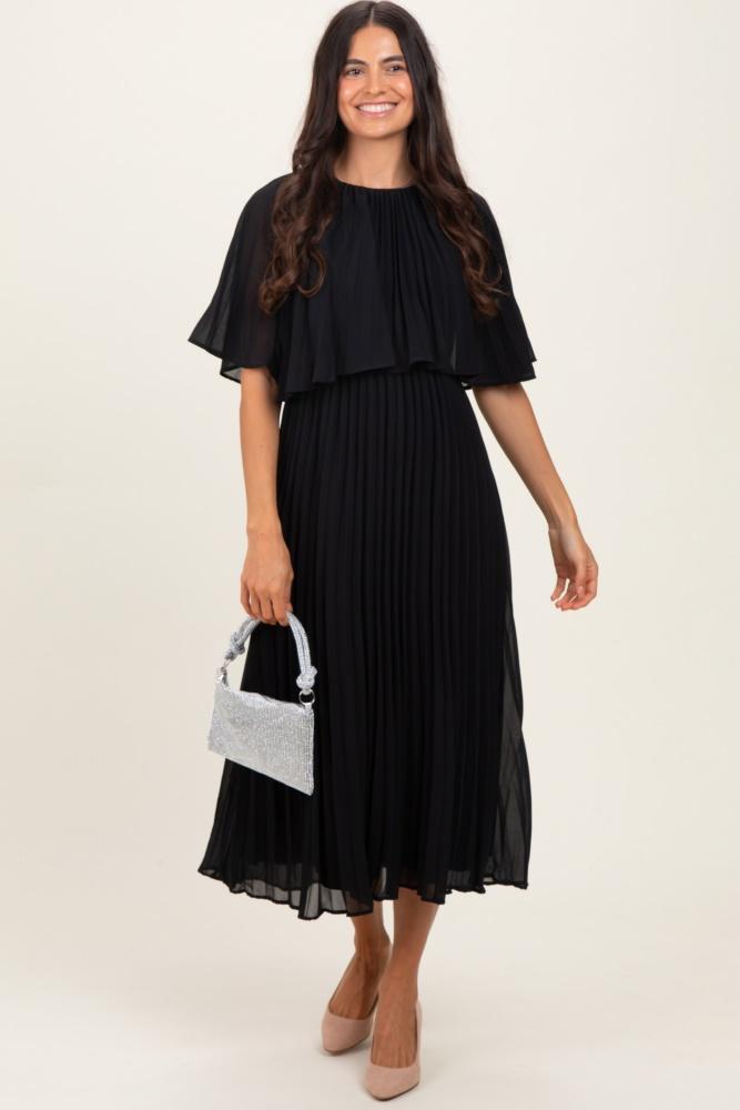 black pleated cape midi dress