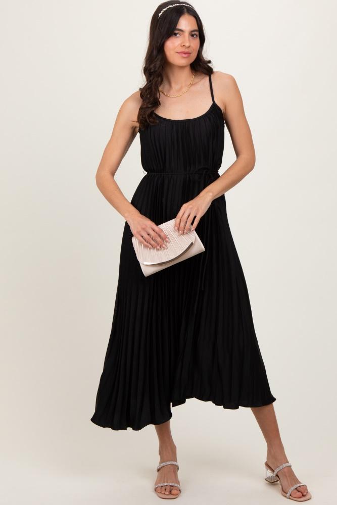 black pleated sash tie midi dress