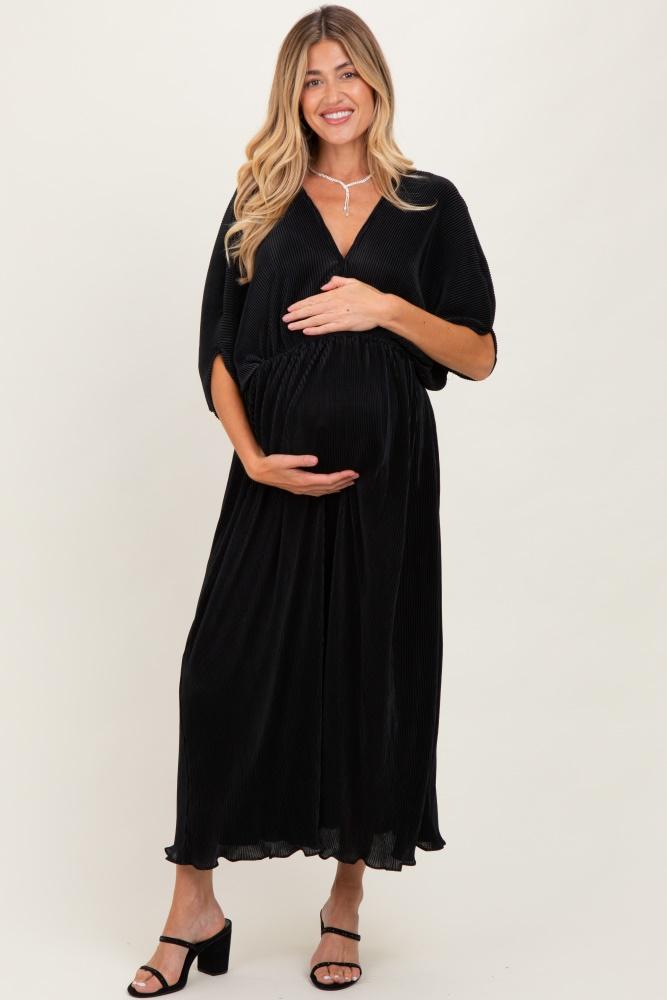 black pleated satin dolman sleeve maternity maxi dress