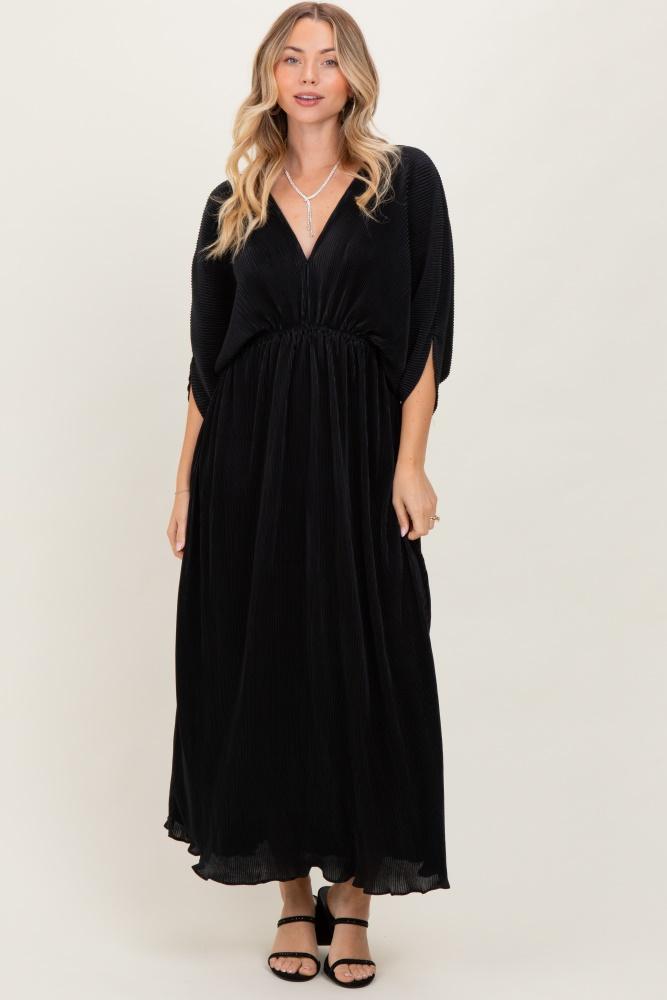 black pleated satin dolman sleeve maxi dress