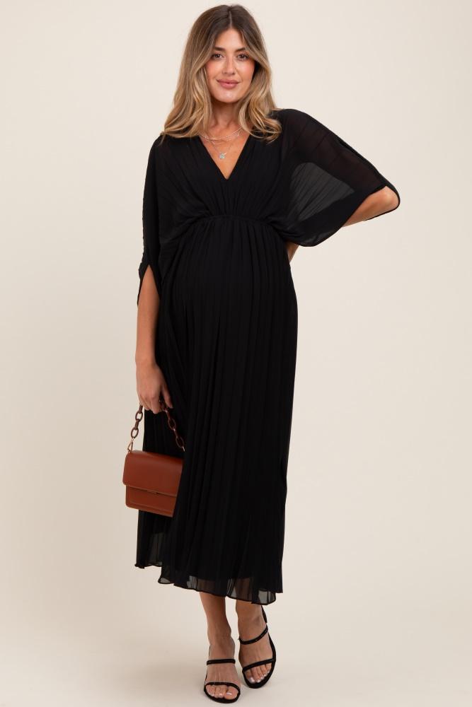 black pleated v neck maternity maxi dress