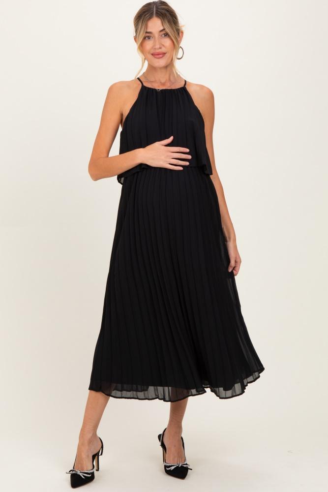 black pleated woven maternity midi dress