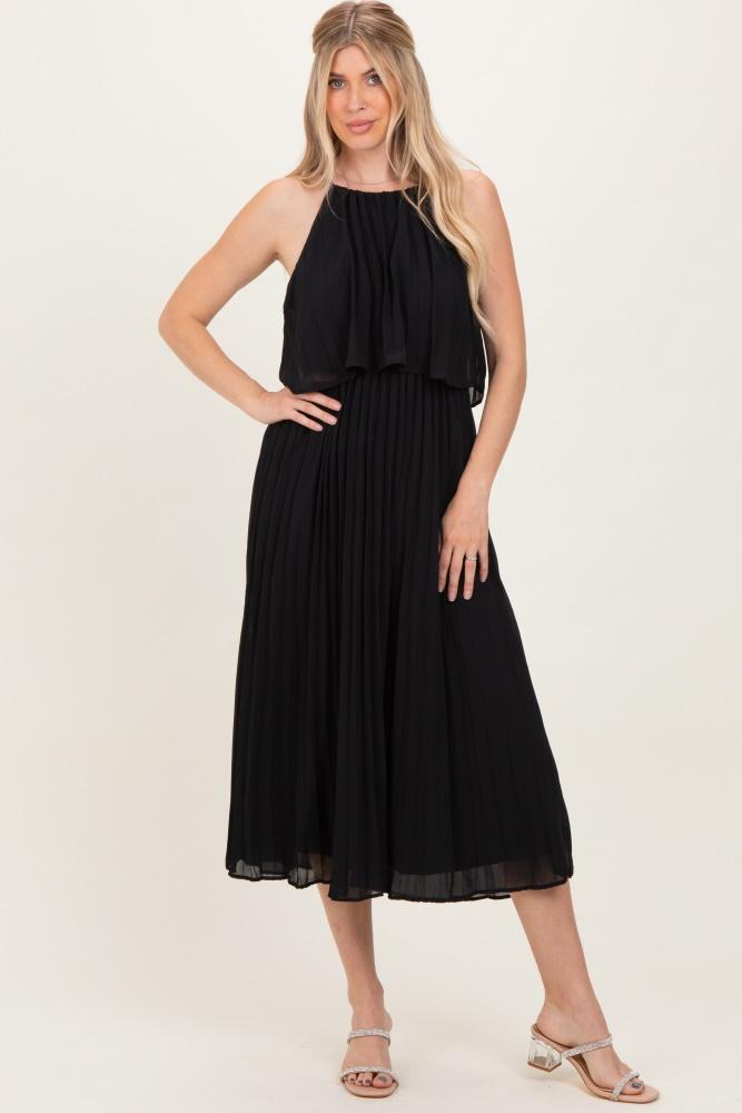 black pleated woven midi dress