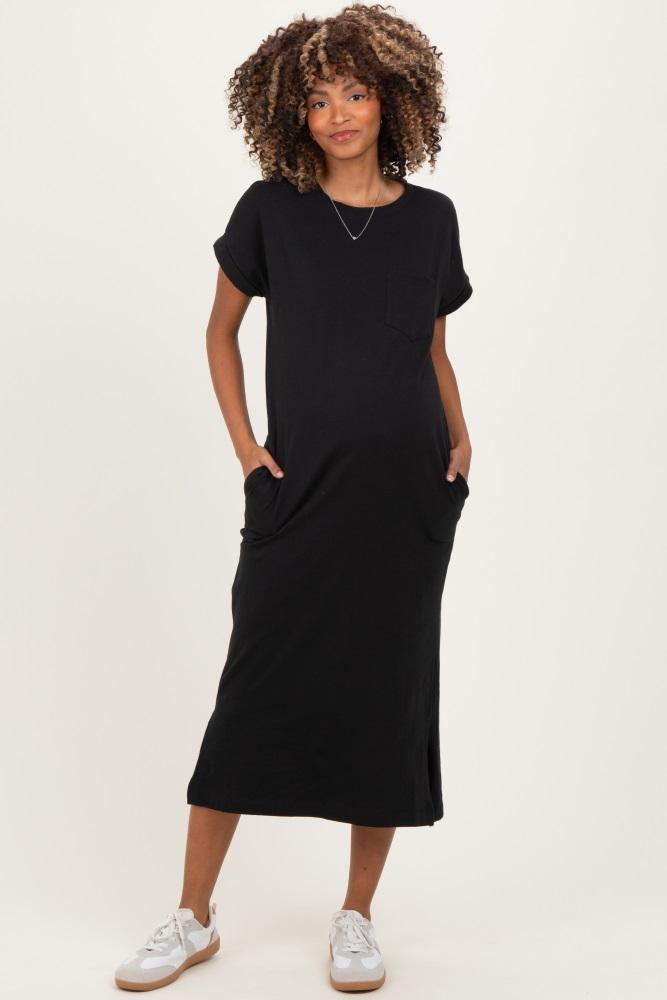 black pocket front maternity midi t-shirt dress