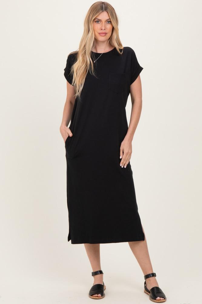 black pocket front midi t-shirt dress