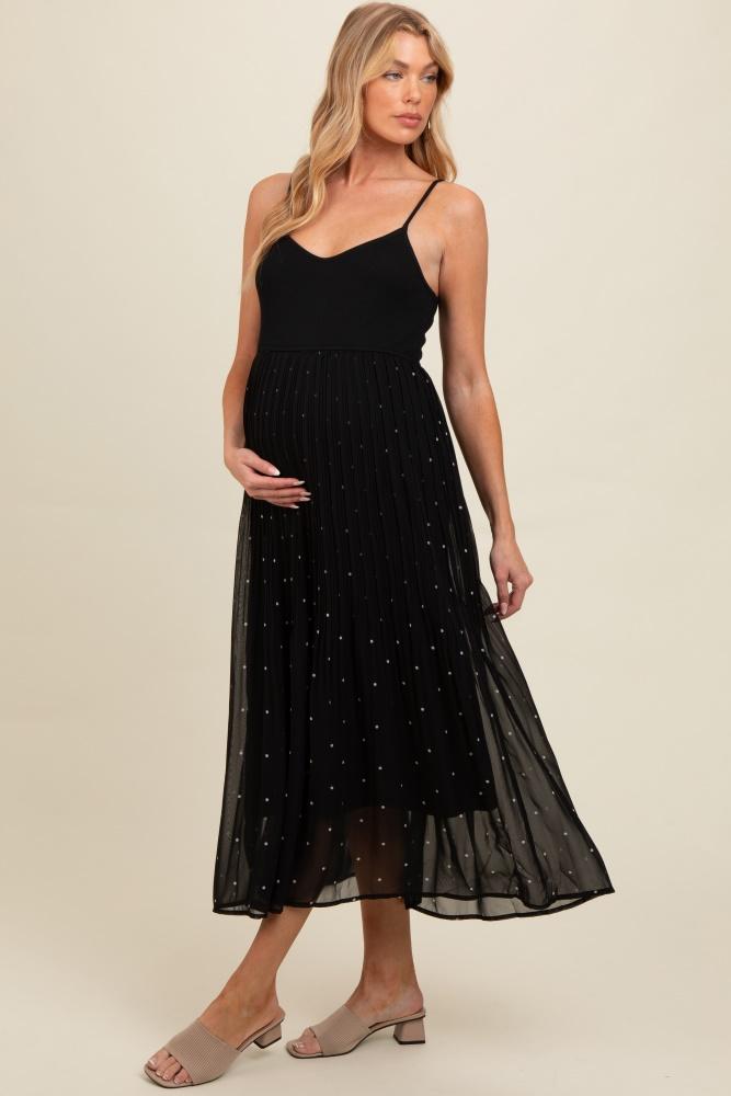 black polka dot pleated mesh overlay maternity maxi dress