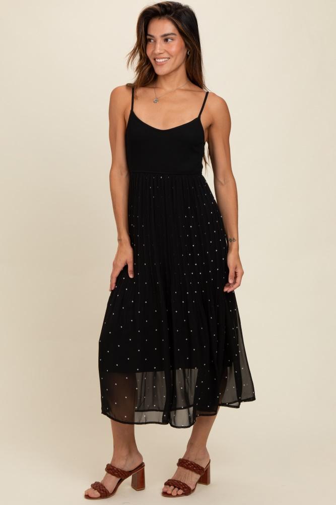 black polka dot pleated mesh overlay maxi dress