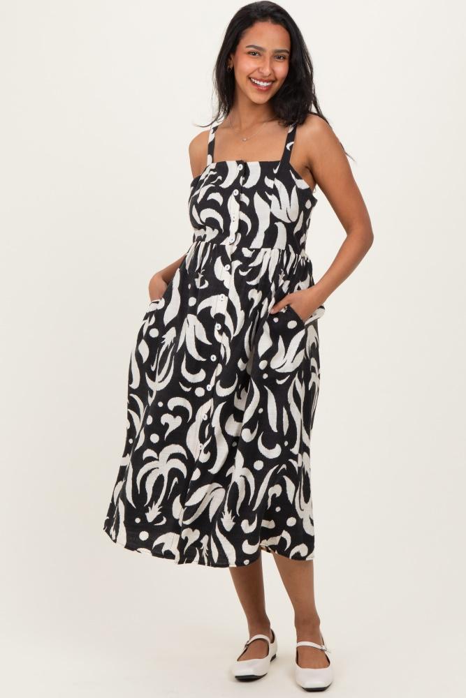 black printed button down sleeveless maternity midi dress