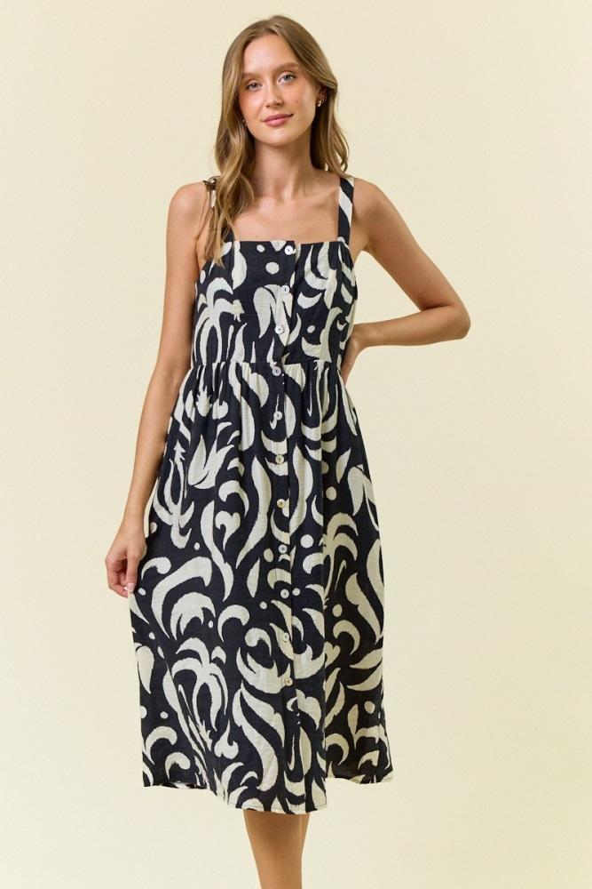 black printed button down sleeveless midi dress
