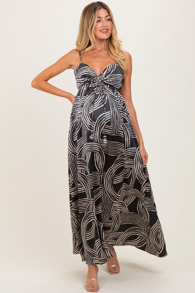 black printed halter cutout tie back maternity maxi dress