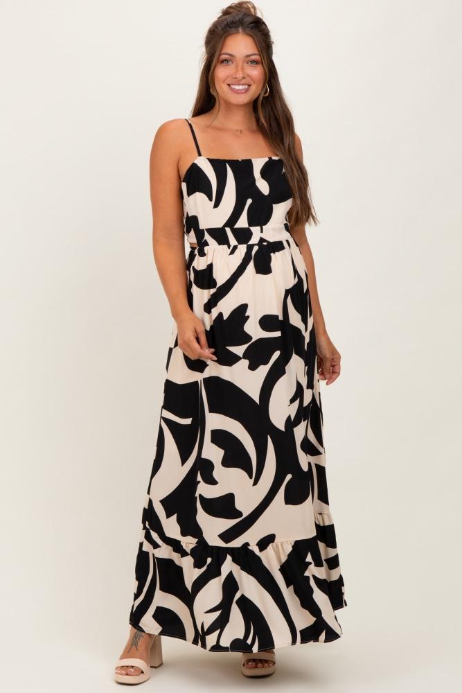 black printed sleeveless cutout tie back maternity maxi dress