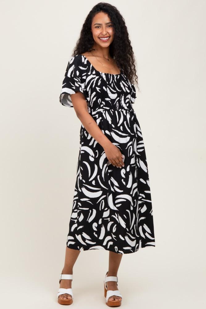 black printed smocked maternity midi dress